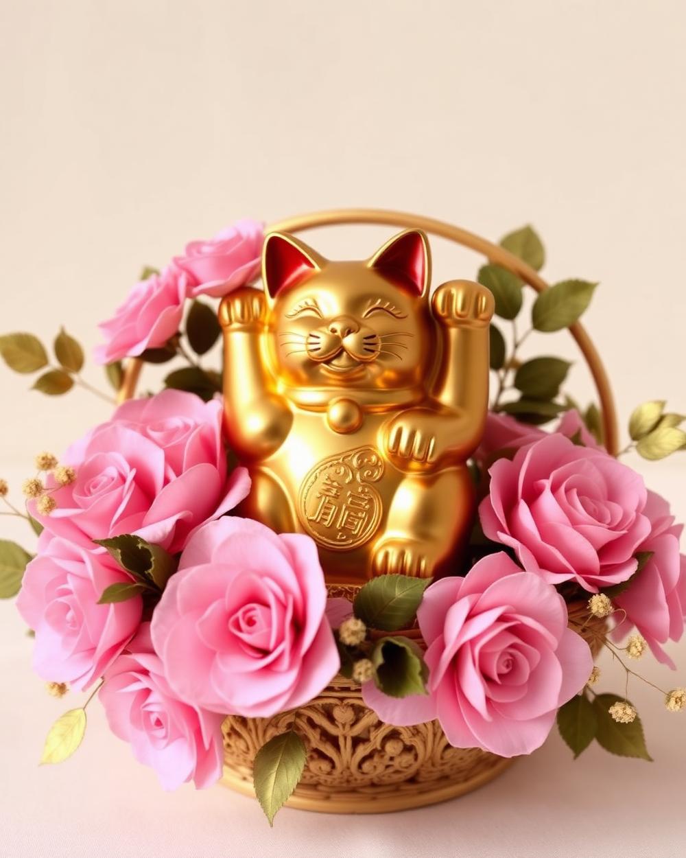 搭配香皂花的招财猫花篮